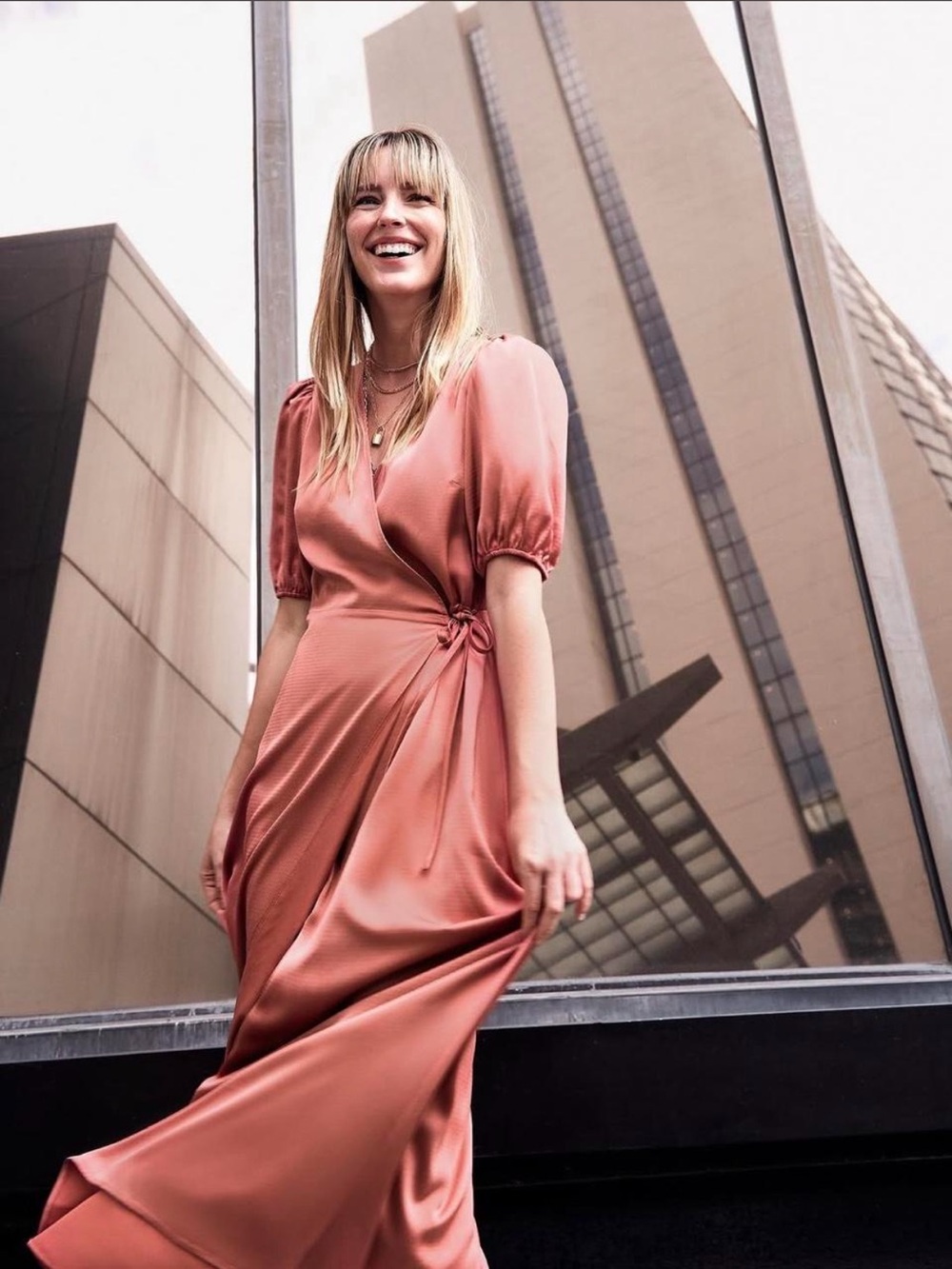 Express Satin Wrap Midi Dress in Dusty Rose